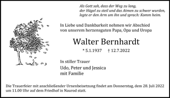 Traueranzeige von Walter Bernhardt von vrm-trauer Wiesbadener Kurier