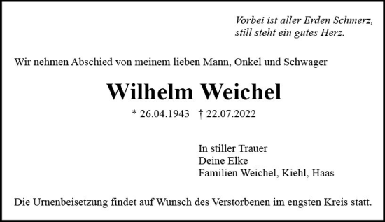 Traueranzeige von Wilhelm Weichel von vrm-trauer Odenwälder Echo