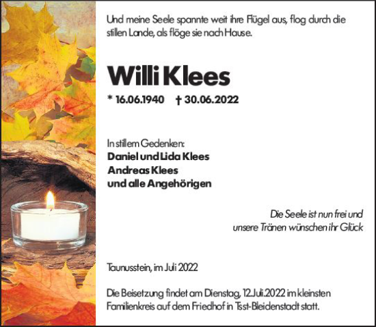 Traueranzeige von Willi Klees von vrm-trauer Wiesbadener Kurier