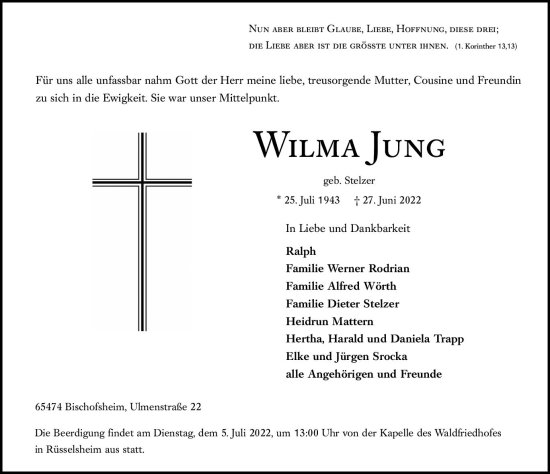 Traueranzeige von Wilma Jung von vrm-trauer Rüsselsheimer Echo / MainSpitze