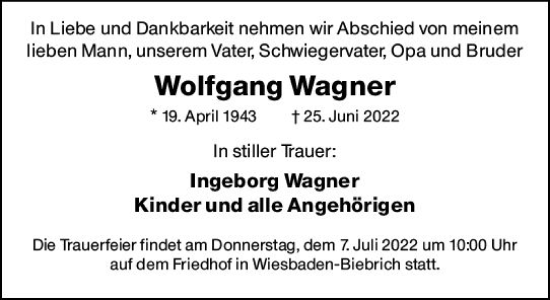 Traueranzeige von Wolfgang Wagner von vrm-trauer Wiesbadener Kurier