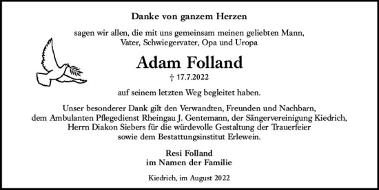 Traueranzeige von Adam Folland von vrm-trauer Rheingau