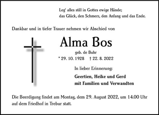Traueranzeige von Alma Bos von vrm-trauer Rüsselsheimer Echo / MainSpitze