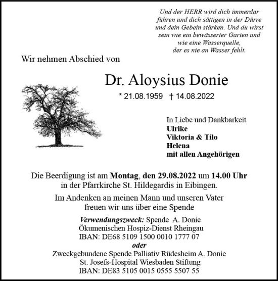 Traueranzeige von Aloysius Donie von vrm-trauer Wiesbadener Kurier
