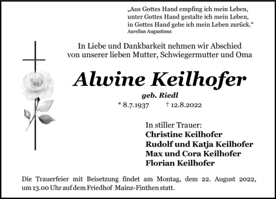 Traueranzeige von Alwine Keilhofer von vrm-trauer AZ Mainz