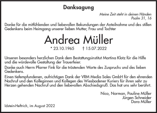 Traueranzeige von Andrea Müller von vrm-trauer Wiesbadener Kurier