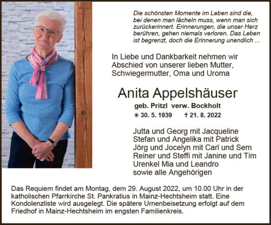 Traueranzeige von Anita Appelshäuser von vrm-trauer AZ Mainz