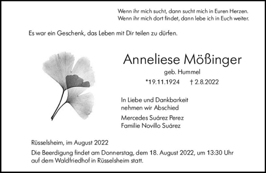 Traueranzeige von Anneliese Mößinger von vrm-trauer Rüsselsheimer Echo / MainSpitze