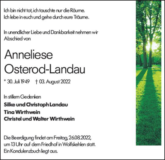 Traueranzeige von Anneliese Osterod-Landau von vrm-trauer Groß-Gerauer Echo