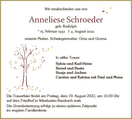 Traueranzeige von Anneliese Schroeder von vrm-trauer Wiesbadener Kurier