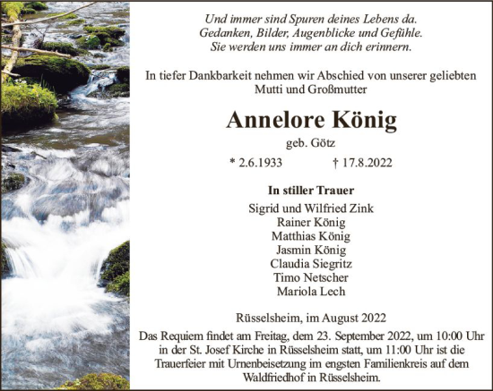 Traueranzeige von Annelore König von vrm-trauer Rüsselsheimer Echo / MainSpitze
