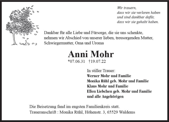 Traueranzeige von Anni Mohr von vrm-trauer Idsteiner Zeitung