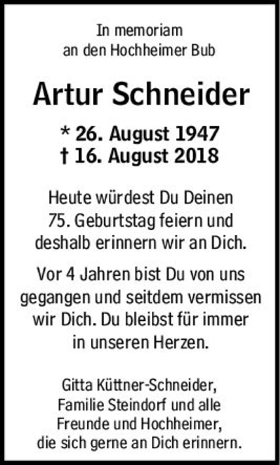 Traueranzeige von Artur Schneider von vrm-trauer Hochheimer Zeitung