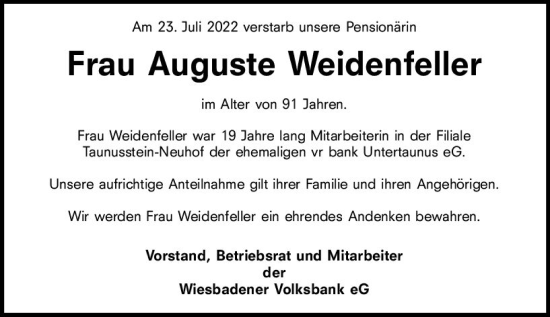Traueranzeige von Auguste Weidenfeller von vrm-trauer Wiesbadener Kurier