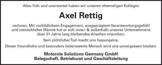 Traueranzeige von Axel Rettig von vrm-trauer Wiesbadener Kurier