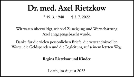Traueranzeige von Axel Rietzkow von vrm-trauer Wiesbadener Kurier