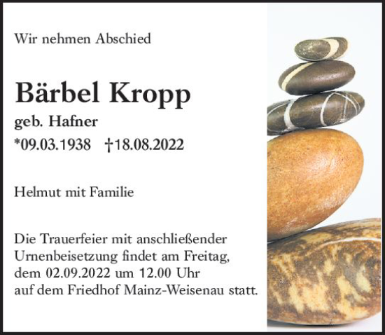 Traueranzeige von Bärbel Kropp von vrm-trauer AZ Mainz