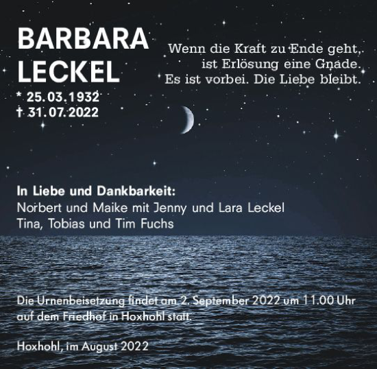 Traueranzeige von Barbara Leckel von vrm-trauer Darmstädter Echo