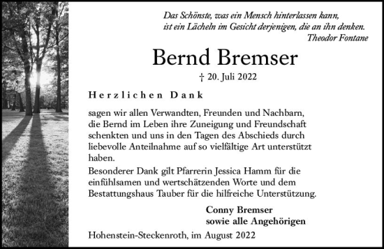 Traueranzeige von Bernd Bremser von vrm-trauer WK-UTA