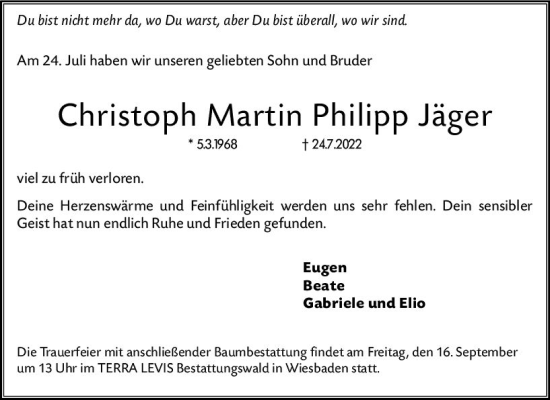 Traueranzeige von Christoph Martin Philipp Jäger von vrm-trauer Wiesbadener Kurier