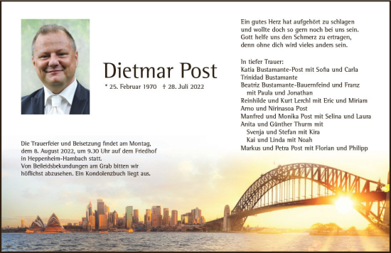 Traueranzeige von Dietmar Post von vrm-trauer Bürstädter/Lamperth. Ztg/Starkenburger