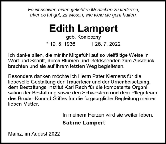 Traueranzeige von Edith Lampert von vrm-trauer AZ Mainz