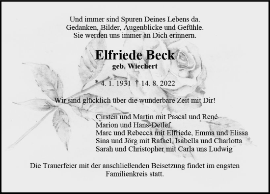 Traueranzeige von Elfriede Beck von vrm-trauer AZ Mainz