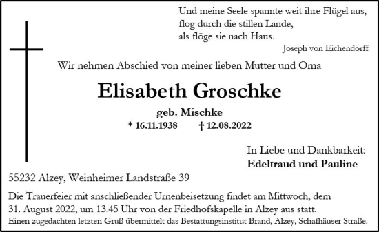 Traueranzeige von Elisabeth Groschke von vrm-trauer Allgemeine Zeitung Alzey