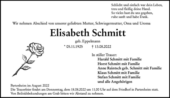 Traueranzeige von Elisabeth Schmitt von vrm-trauer Allgemeine Zeitung Alzey