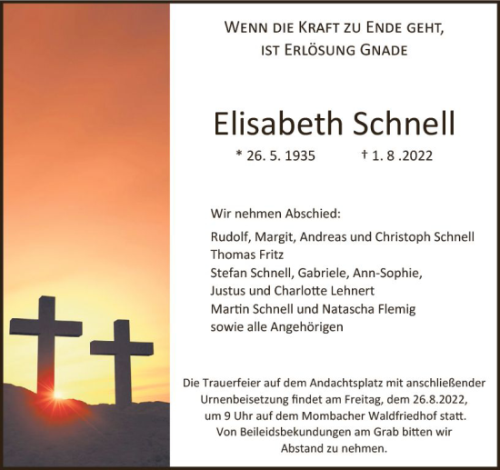 Traueranzeige von Elisabeth Schnell von vrm-trauer AZ Mainz