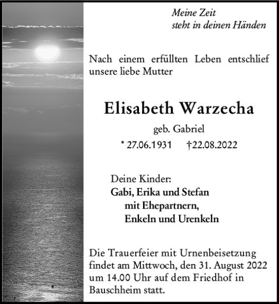 Traueranzeige von Elisabeth Warzecha von vrm-trauer Rüsselsheimer Echo / MainSpitze