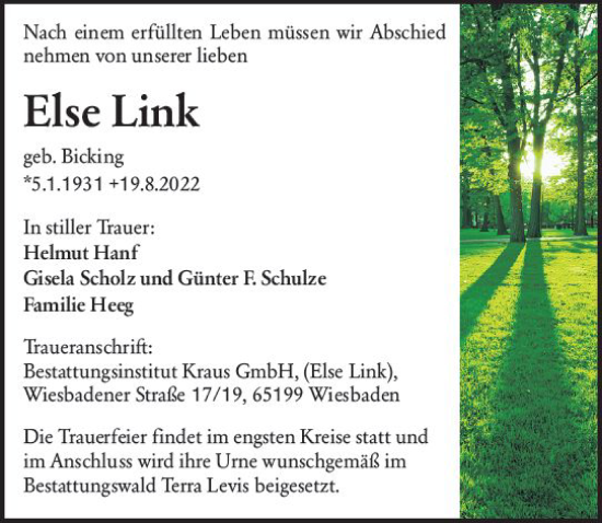 Traueranzeige von Else Link von vrm-trauer Wiesbadener Kurier