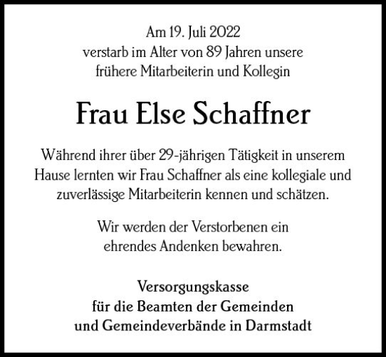Traueranzeige von Else Schaffner von vrm-trauer Darmstädter Echo