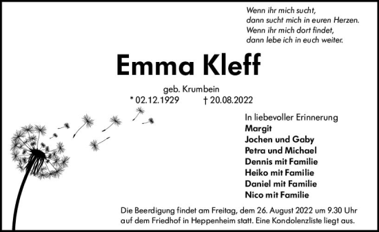 Traueranzeige von Emma Kleff von vrm-trauer Bürstädter/Lamperth. Ztg/Starkenburger