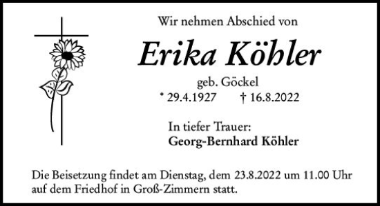Traueranzeige von Erika Köhler von vrm-trauer DieburgerAnzeiger/Groß-Zimmerner Lokala