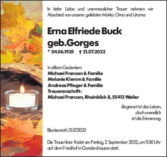 Traueranzeige von Erna Elfriede Buck von vrm-trauer Allgemeine  Zeitung Ingelheim-Bingen