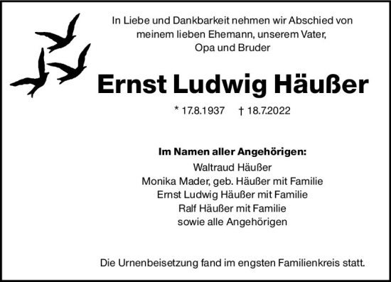 Traueranzeige von Ernst Ludwig Häußer von vrm-trauer Allgemeine Zeitung Alzey