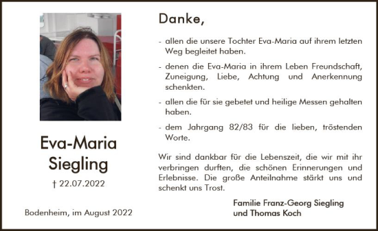 Traueranzeige von Eva-Maria Siegling von vrm-trauer AZ Mainz
