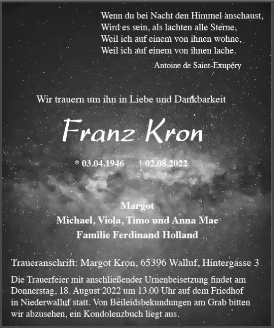 Traueranzeige von Franz Kron von vrm-trauer Rheingau