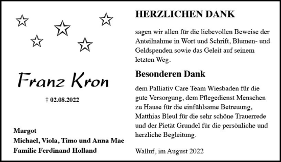 Traueranzeige von Franz Kron von vrm-trauer Rheingau