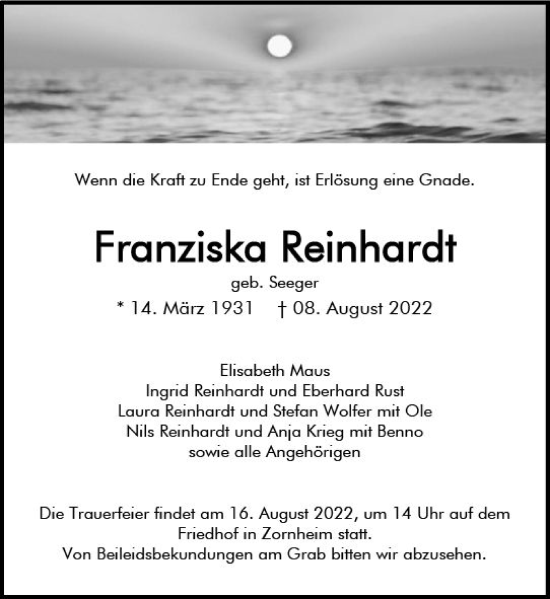 Traueranzeige von Franziska Reinhardt von vrm-trauer AZ Mainz