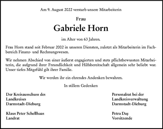 Traueranzeige von Gabriele Horn von vrm-trauer Darmstädter Echo