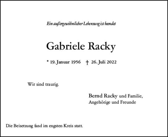 Traueranzeige von Gabriele Racky von vrm-trauer Wiesbadener Kurier
