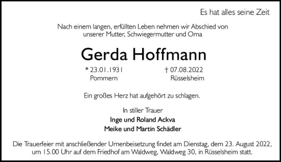 Traueranzeige von Gerda Hoffmann von vrm-trauer Rüsselsheimer Echo / MainSpitze