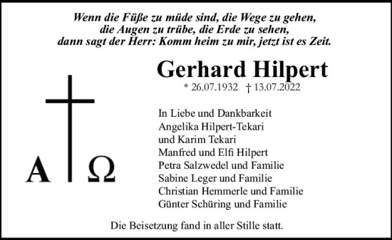 Traueranzeige von Gerhard Hilpert von vrm-trauer Allgemeine  Zeitung Ingelheim-Bingen