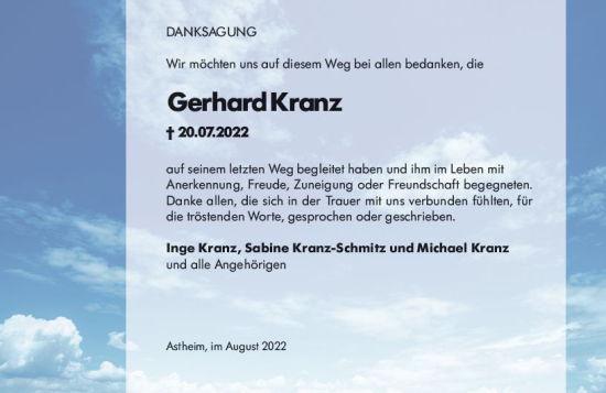 Traueranzeige von Gerhard Kranz von vrm-trauer Rüsselsheimer Echo / MainSpitze