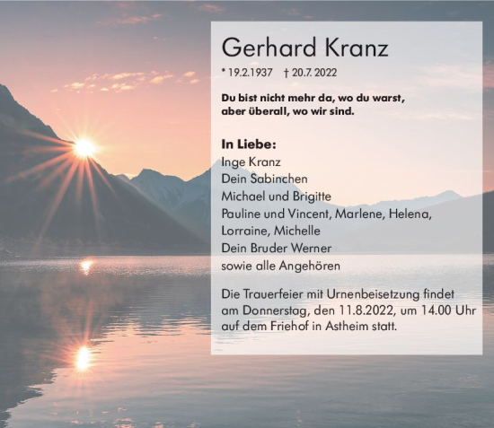 Traueranzeige von Gerhard Kranz von vrm-trauer Rüsselsheimer Echo / MainSpitze
