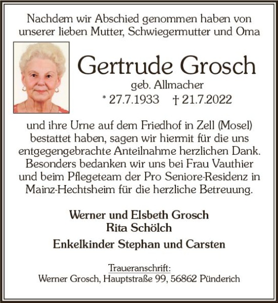 Traueranzeige von Gertrude Grosch von vrm-trauer AZ Mainz