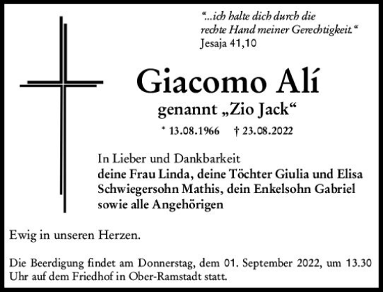 Traueranzeige von Giacomo Ali von vrm-trauer Darmstädter Echo