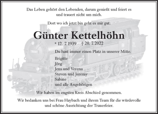 Traueranzeige von Günter Kettelhöhn von vrm-trauer Wiesbadener Kurier